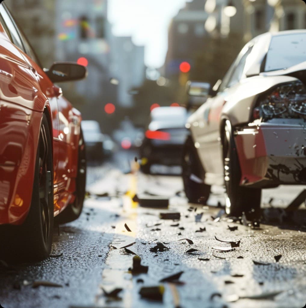 Car accident damage on a city street with debris